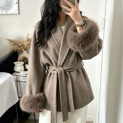 Cozy Belted Wrap Coat with Plush Fur Cuffs