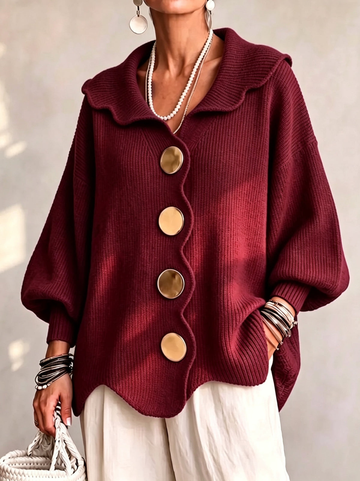 Oversized Scallop-Collar Button Knit Cardigan