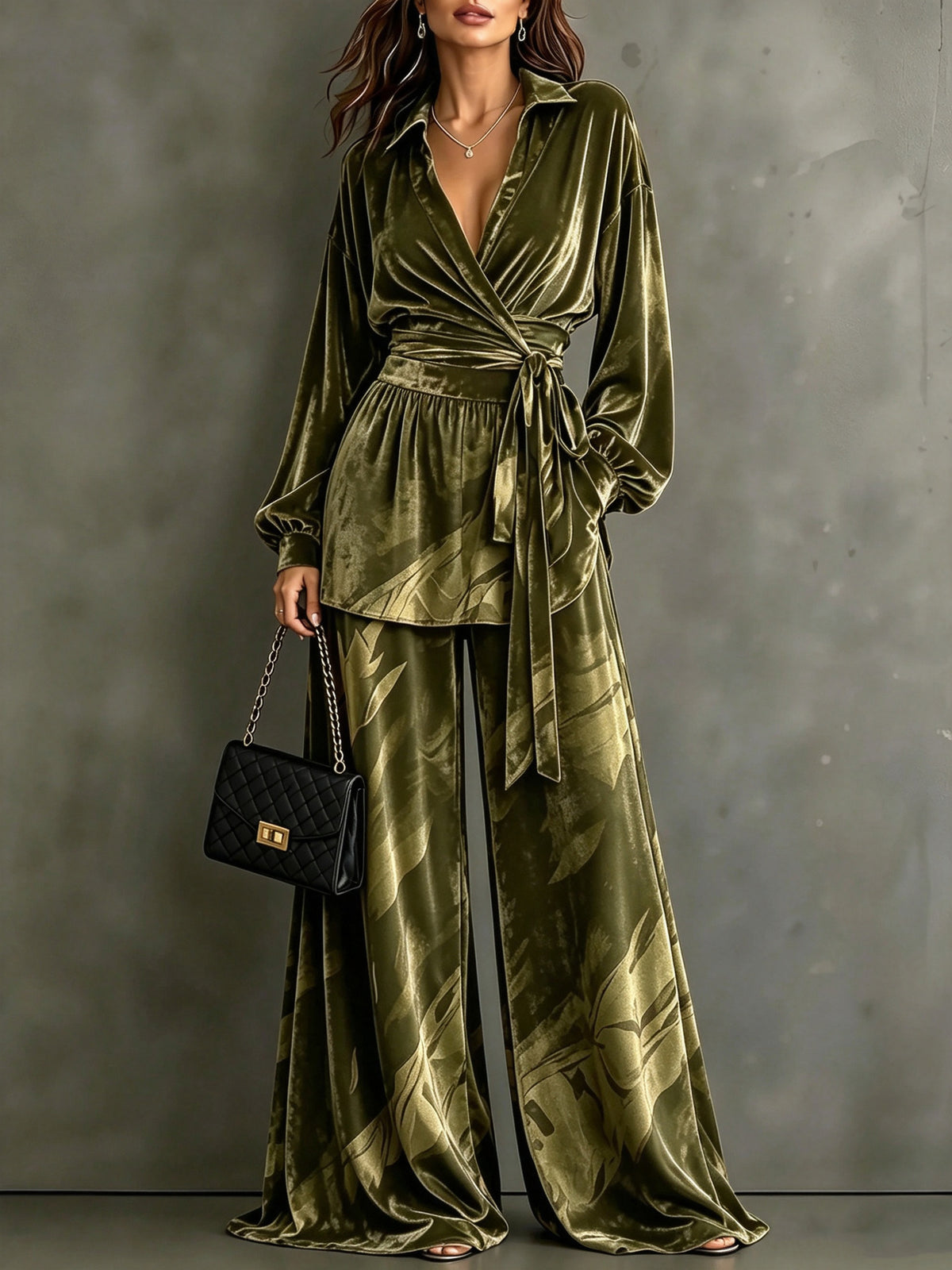 Velvet Wrap Blouse & Wide-Leg Pant Set – Printed Two-Piece