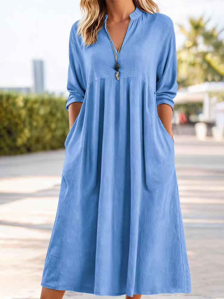 Textured Linen Blend Stand Collar V-Neck Babydoll Midi Dress