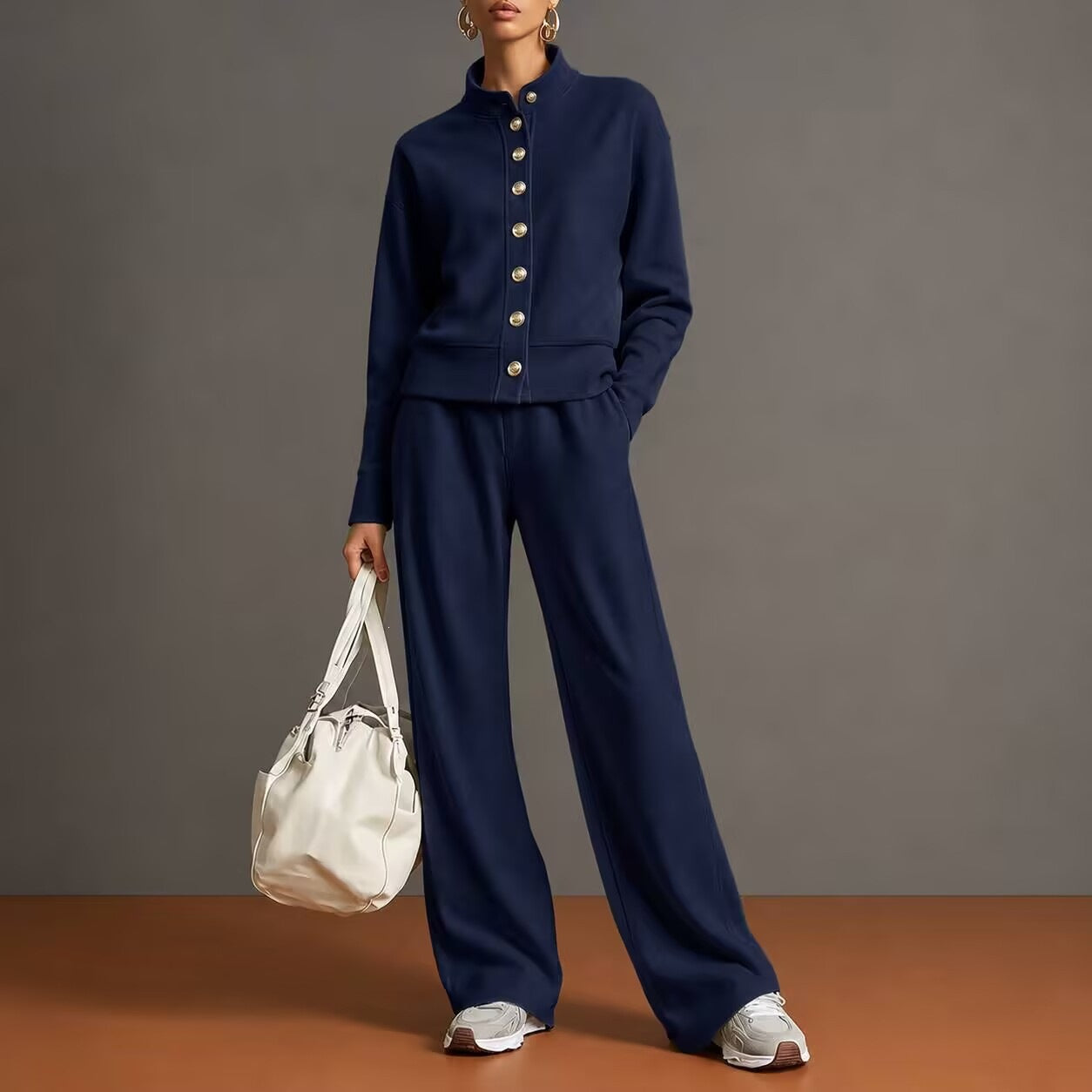 New Solid Color Stand-Up Collar Cardigan Sweatshirt Wide-Leg Pants Suit Independent Station Popular Women
