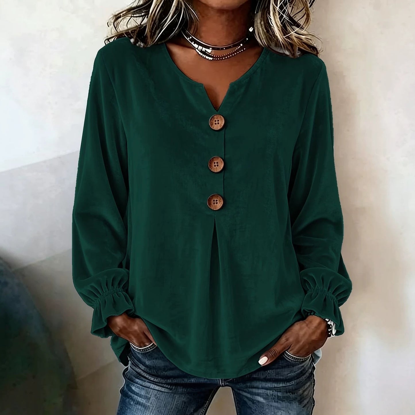 Notch V Neck Wooden Button Pleated Front Puff Cuff Long Sleeve Blouse