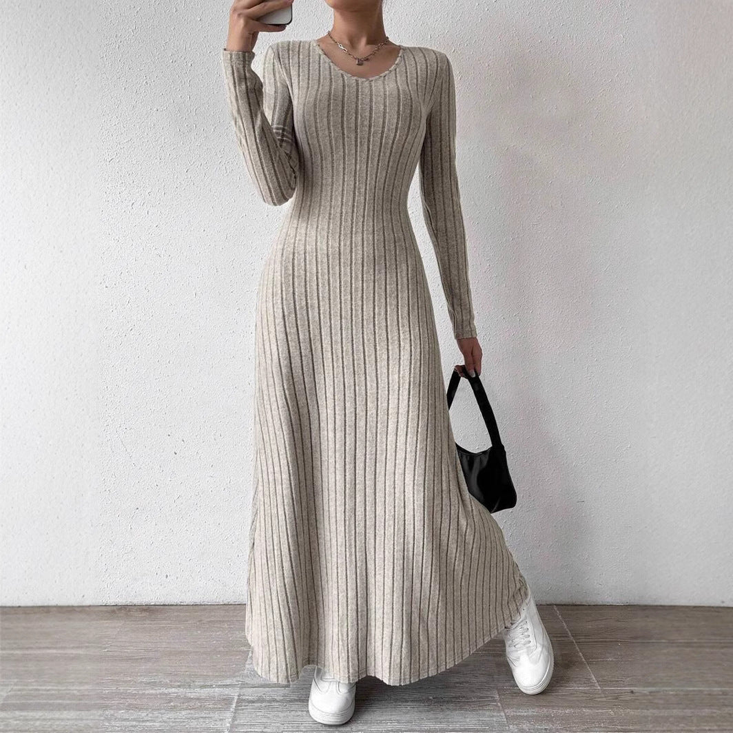 V-Neck Vertical Ribbed Knit Long Sleeve A-Line Maxi Dress