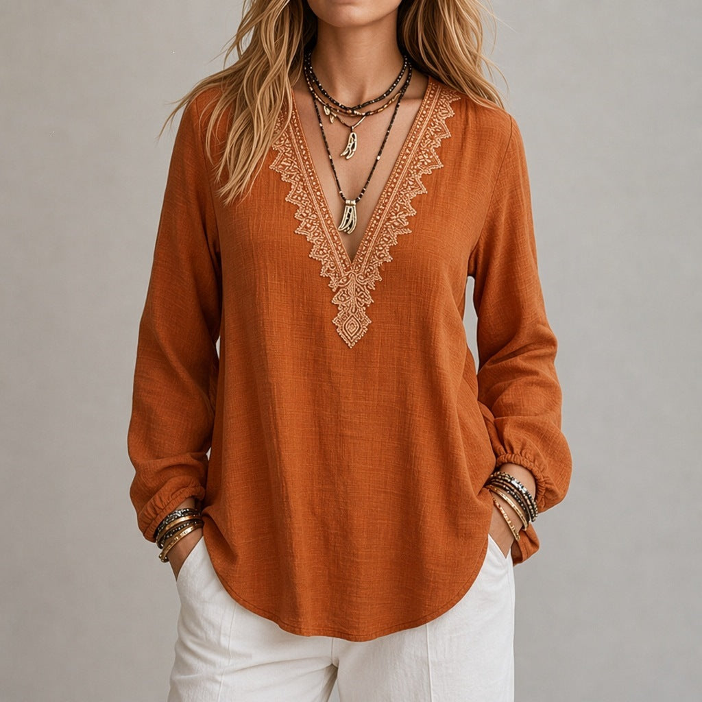 Embroidered V-Neck Blouse – Soft Textured Long Sleeve Top