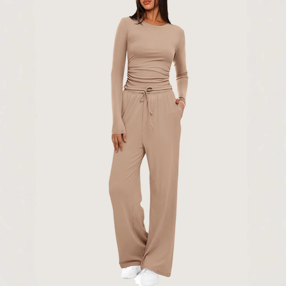 Ruched Long Sleeve Top & Drawstring Waist Pocket Wide Leg Pants Two Piece Set