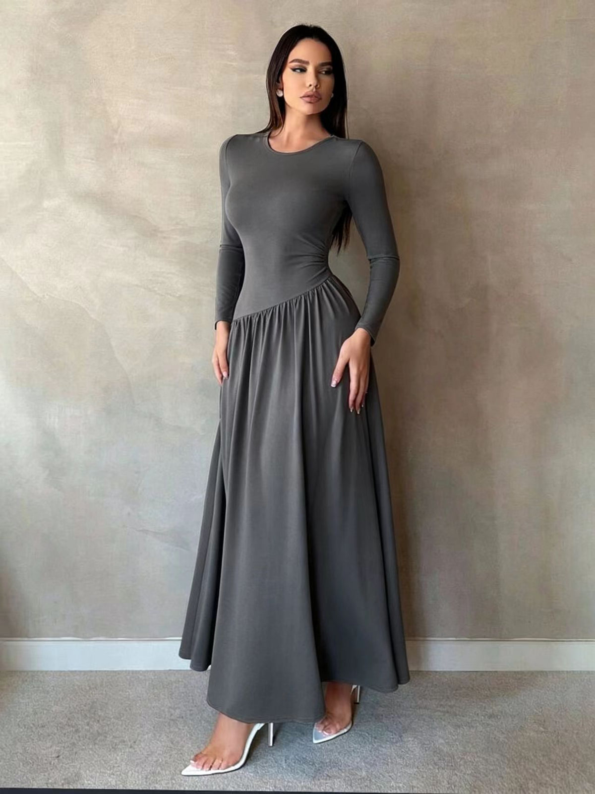 Ruched Waist Long Sleeve Maxi Dress