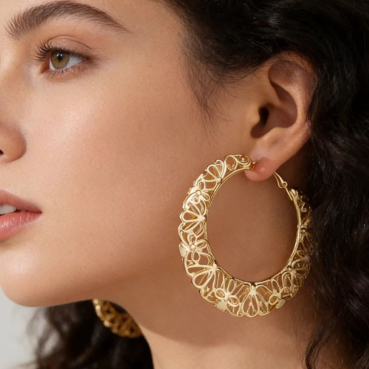 Filigree Floral Cutout Large Hoop Earrings 14K Gold Plated Vintage Hollow Hoop Earrings - Gold