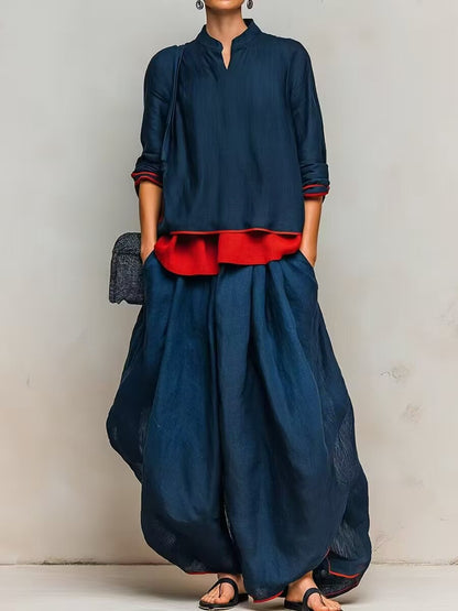 Women's Linen Two Piece Set Stand Collar Long Sleeve Top & Wide Leg Maxi Pants