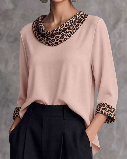 Vintage Elegant Leopard Print Patchwork Velvet Turtleneck Shirt