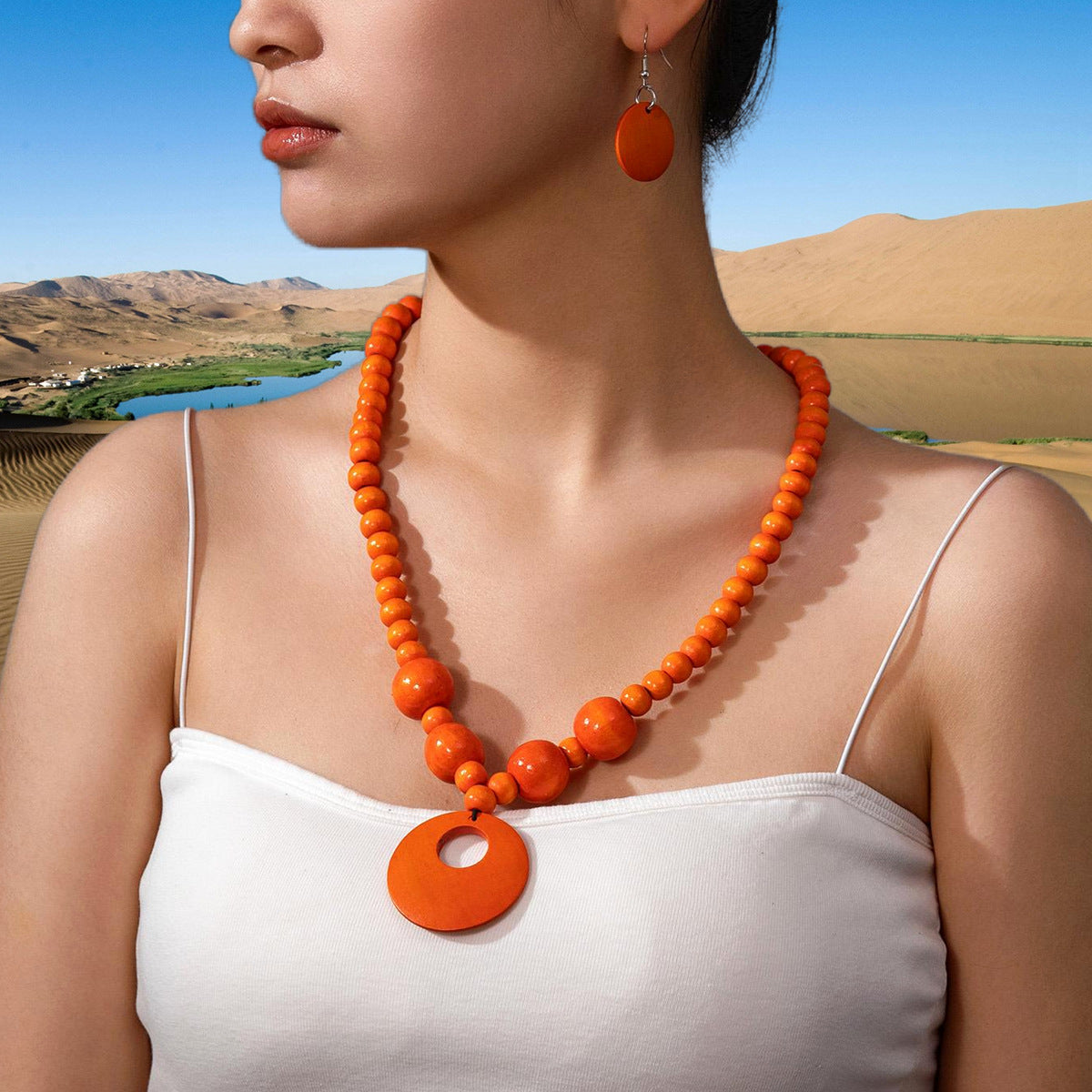 3pcs Jewelry Sets Fashionable Handmade Wood Beaded Necklace and Earrings Women’s Jewelry - Orange