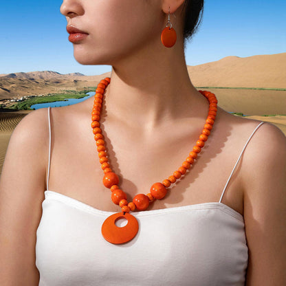 3pcs Jewelry Sets Fashionable Handmade Wood Beaded Necklace and Earrings Women’s Jewelry - Orange