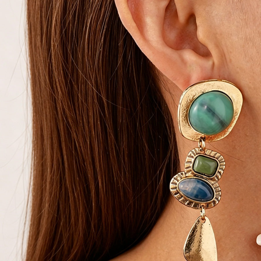 Vintage Multi-Colored Stone Tiered Drop Earrings Antique Gold Plated Boho Statement Dangle Earrings - EH5704