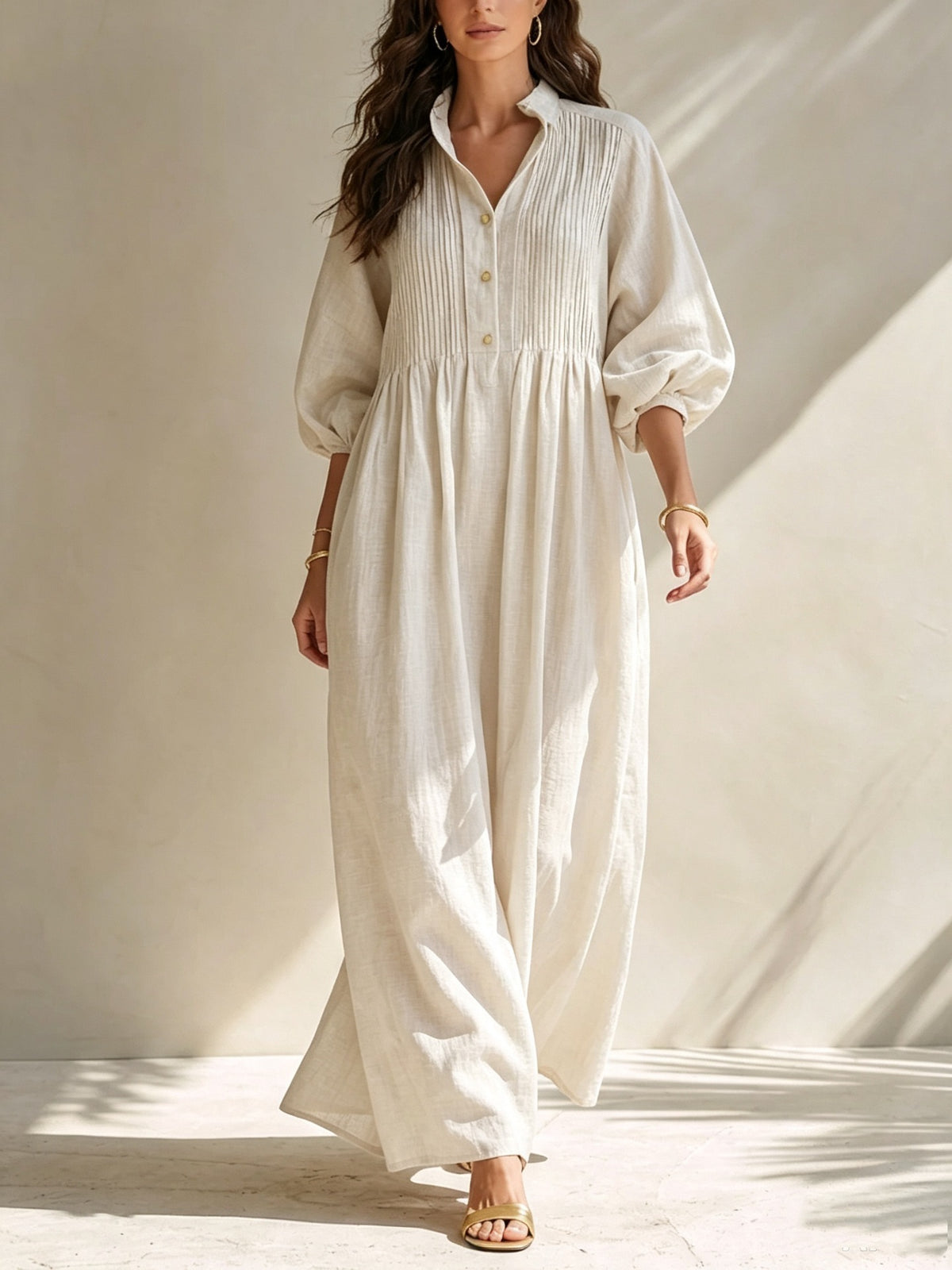 Pintuck Collar Maxi Dress with Balloon Sleeves