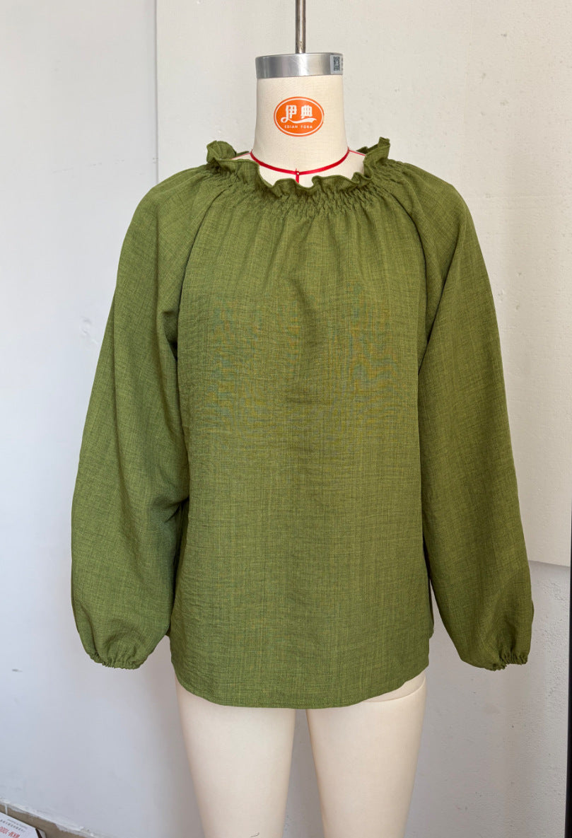 Drawstring Neck Lantern Sleeve Casual Blouse