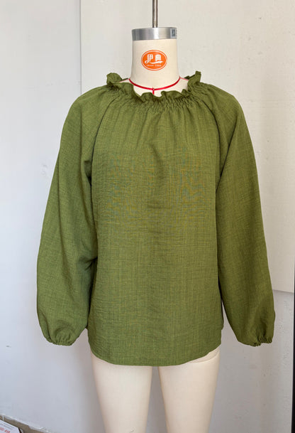 Drawstring Neck Lantern Sleeve Casual Blouse