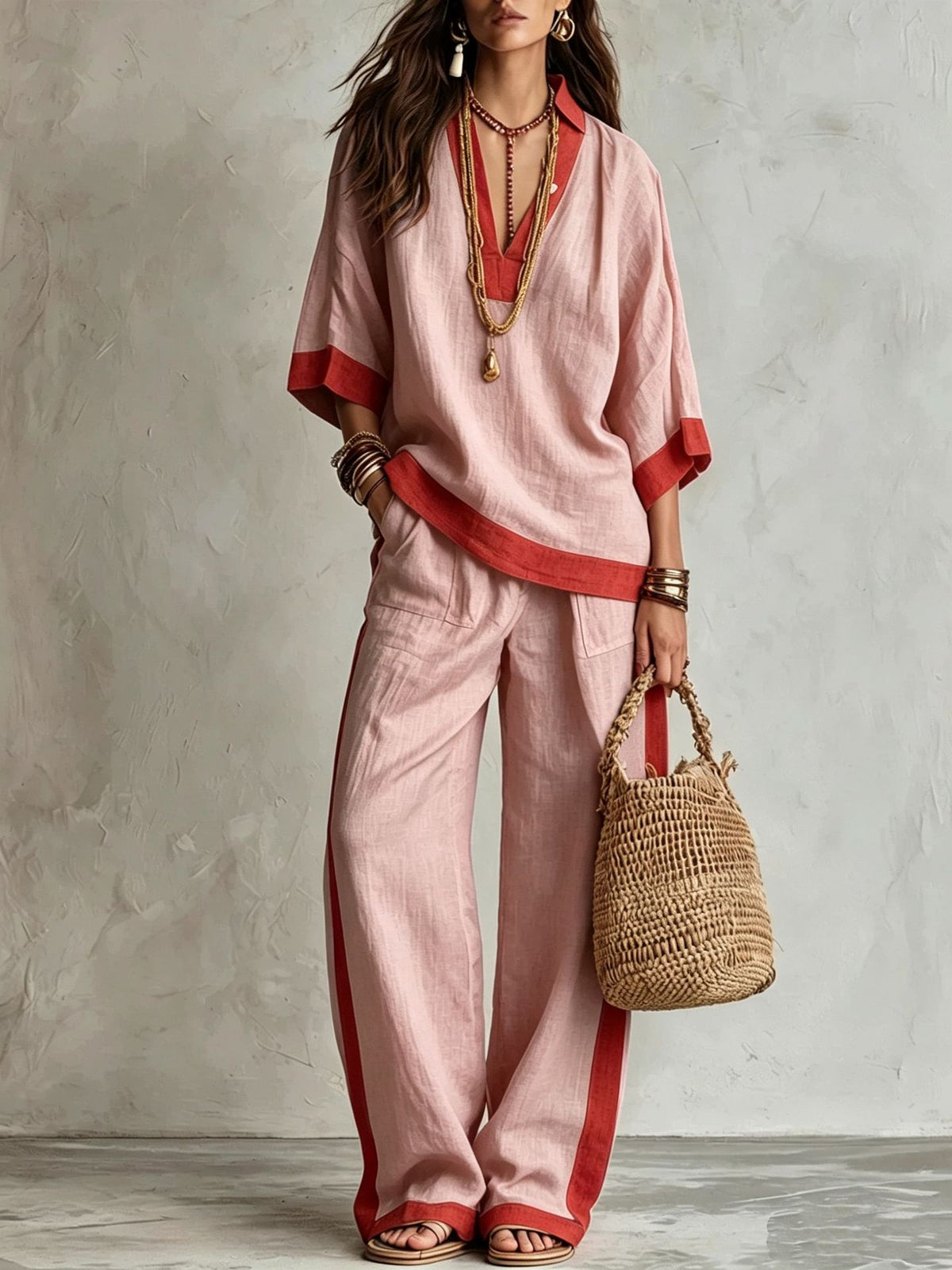 Contrast Trim Linen Two Piece Set