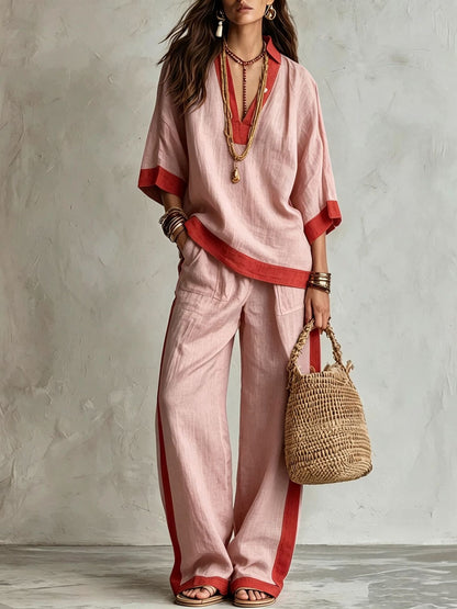 Contrast Trim Linen Two Piece Set