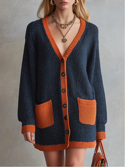 Women’s Oversized Contrast Trim Long Sleeve Chunky Knit Cardigan
