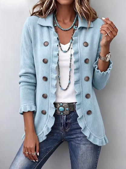Women's Turquoise Ruffled Knit Cardigan Long Sleeve Button-Down Casual Jacket