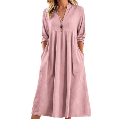 Textured Linen Blend Stand Collar V-Neck Babydoll Midi Dress