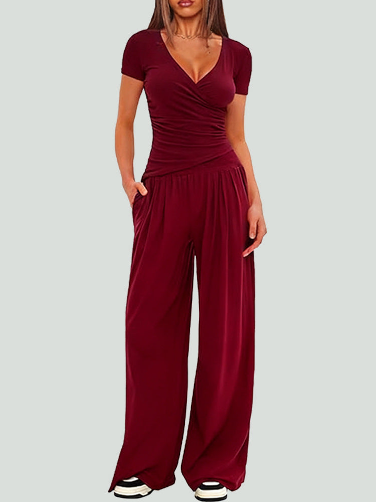 Women Solid Wrap V Neck Ruched Long Sleeve Top Elastic High Waist Pocket Wide Leg Casual Loungewear Co-ord Set
