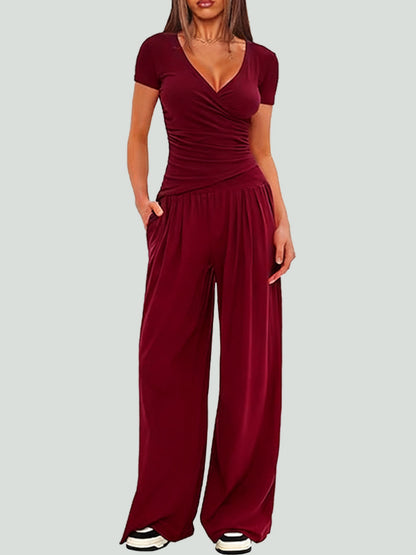 Women Solid Wrap V Neck Ruched Long Sleeve Top Elastic High Waist Pocket Wide Leg Casual Loungewear Co-ord Set