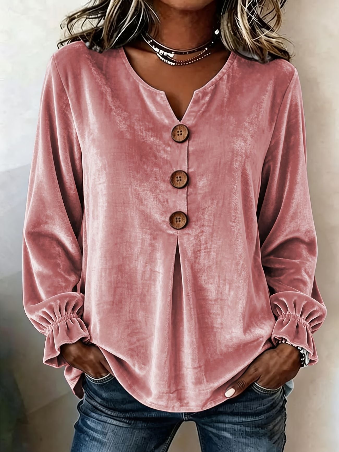 Notch V Neck Wooden Button Pleated Front Puff Cuff Long Sleeve Blouse