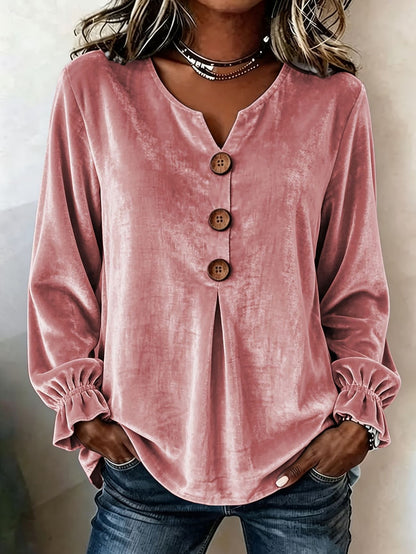 Notch V Neck Wooden Button Pleated Front Puff Cuff Long Sleeve Blouse