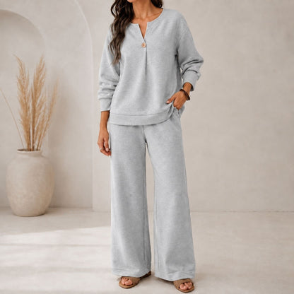 Fashion Loose Long-Sleeved Tops Wide-Leg Pants Casual Two-Piece Set For Women