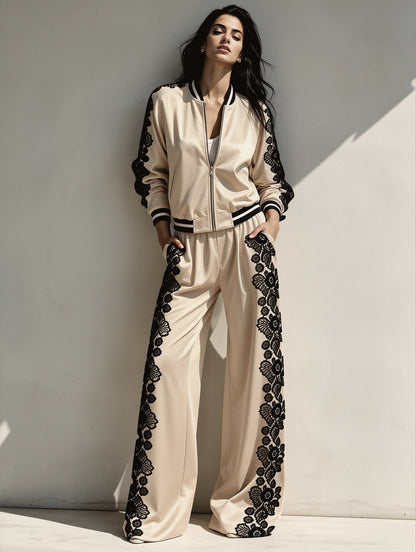 Bomber Jacket & Wide‑Leg Pants Two‑Piece Set with Black Lace Trim