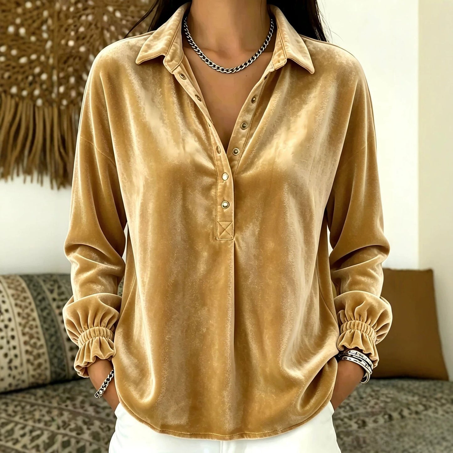 Velvet Collared Half Placket Gathered Cuff Long Sleeve Blouse