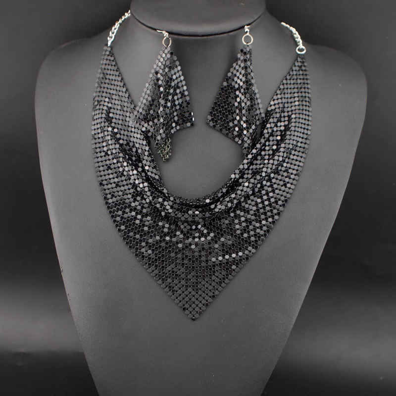 Necklace Jewelry Set Leopard Print Gold Plated Statement Earrings - Black