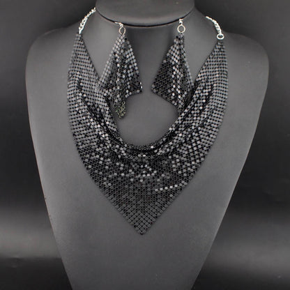 Necklace Jewelry Set Leopard Print Gold Plated Statement Earrings - Black
