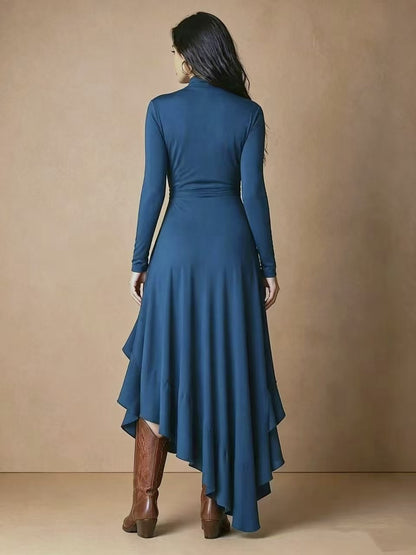 Mock Neck Wrap Dress with Asymmetric Ruffle Hem