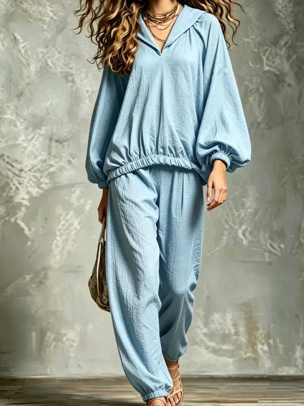 Hood V Neck Linen Blend Matching Two Piece Set