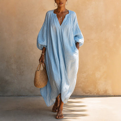 Boho Vacation Puff Sleeve Kaftan Maxi Dress