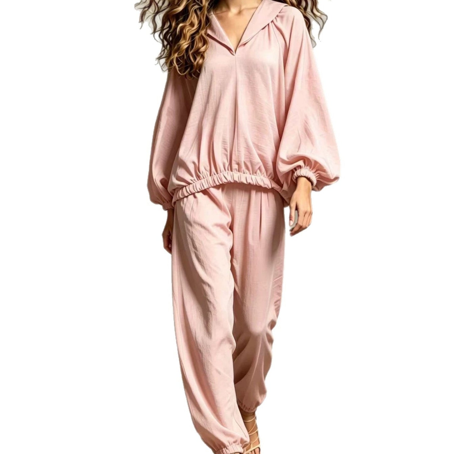 Hood V Neck Linen Blend Matching Two Piece Set