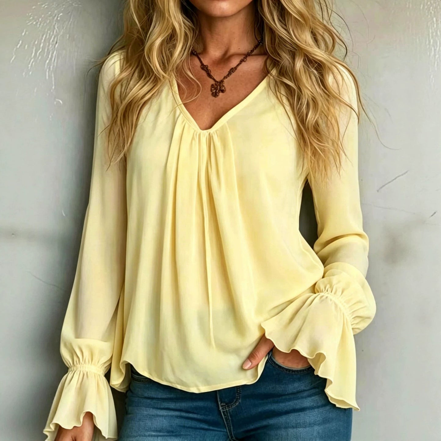 Solid Chiffon V-Neck Pleated Front Flounce Bell Long Sleeve Blouse