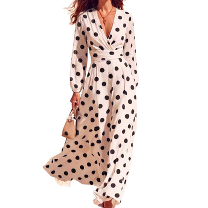 Polka Dot Wrap V-Neck Long Sleeve Maxi Dress