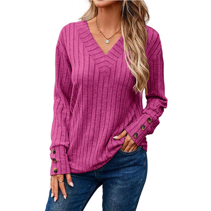Ribbed Knit V-Neck Button Cuff Top