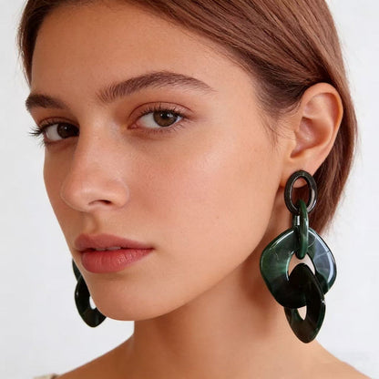 Marbled Resin Interlocked Chain Drop Earrings Oversized Chunky Link Statement Dangle Earrings