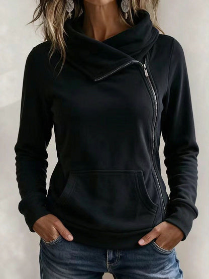 Draped Neck Zip Hoodie with Pocket