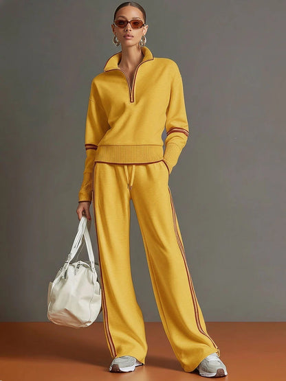 Casual Sports Suit Contrasting Color Stand-Up Collar Sweatshirt Wide-Leg Pants Suit