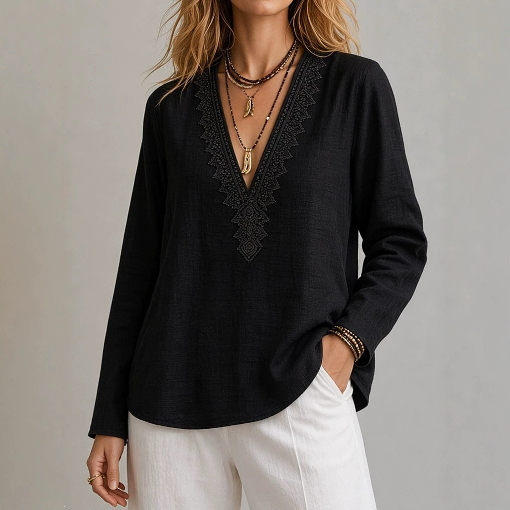 Embroidered V-Neck Blouse – Soft Textured Long Sleeve Top