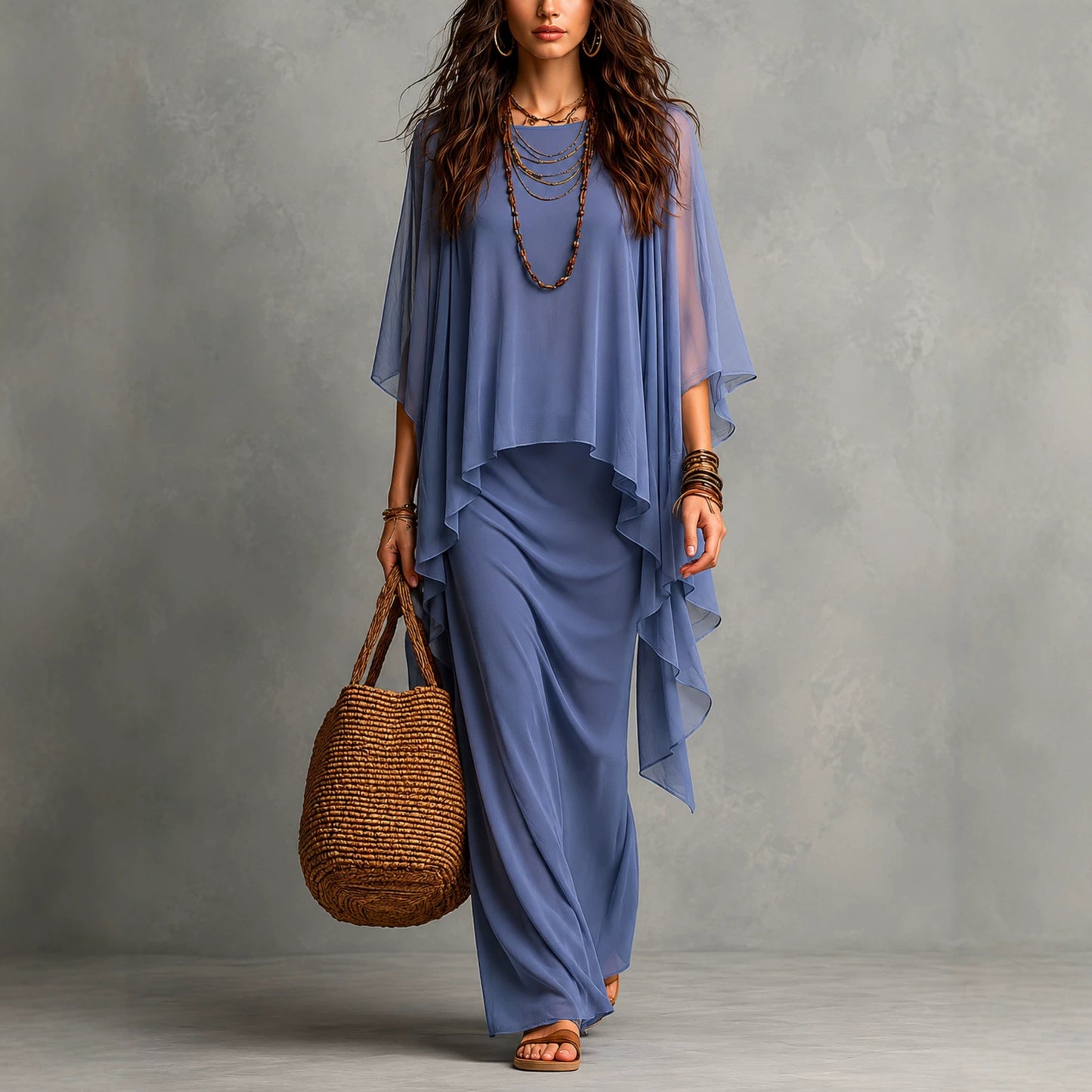 Flowy Linen Blend Poncho Top & Skirt Set
