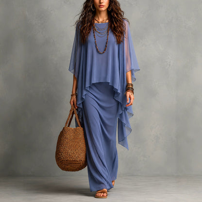 Flowy Linen Blend Poncho Top & Skirt Set
