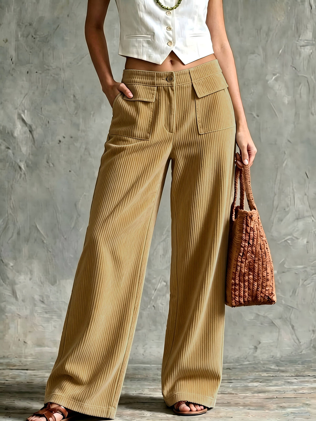 Women's Solid Ribbed Front Patch Pocket High Waist Wide Leg Long Pants