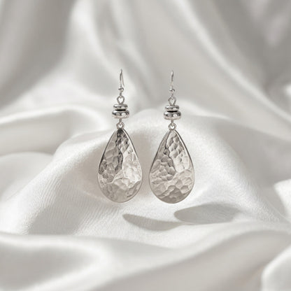 Hammered Teardrop Silver Dangle Earrings Vintage Textured Water Drop Statement Drop Earrings - EH5794