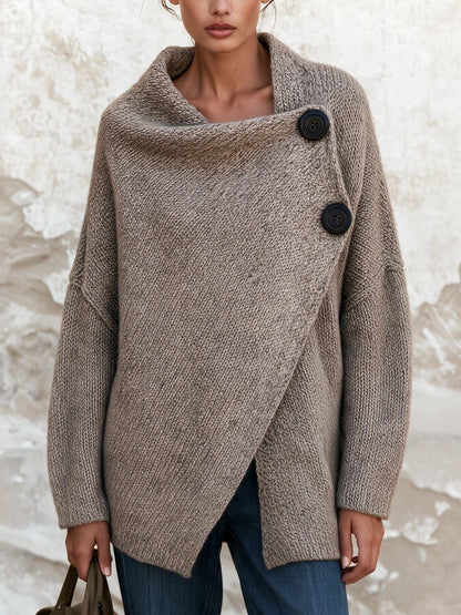 Oatmeal Chunky Knit Asymmetric Button Wrap Cardigan