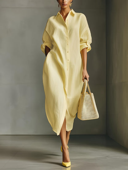 Oversized Linen Blend Midi Shirt Dress